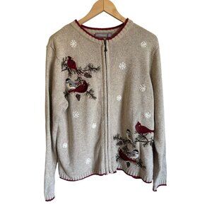 Croft & Barrow XL Cardinal Bird Winter Holiday Christmas Full Zip Sweater Cardig